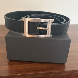 Bulgari Black Leather Belt with Silver Buckle
